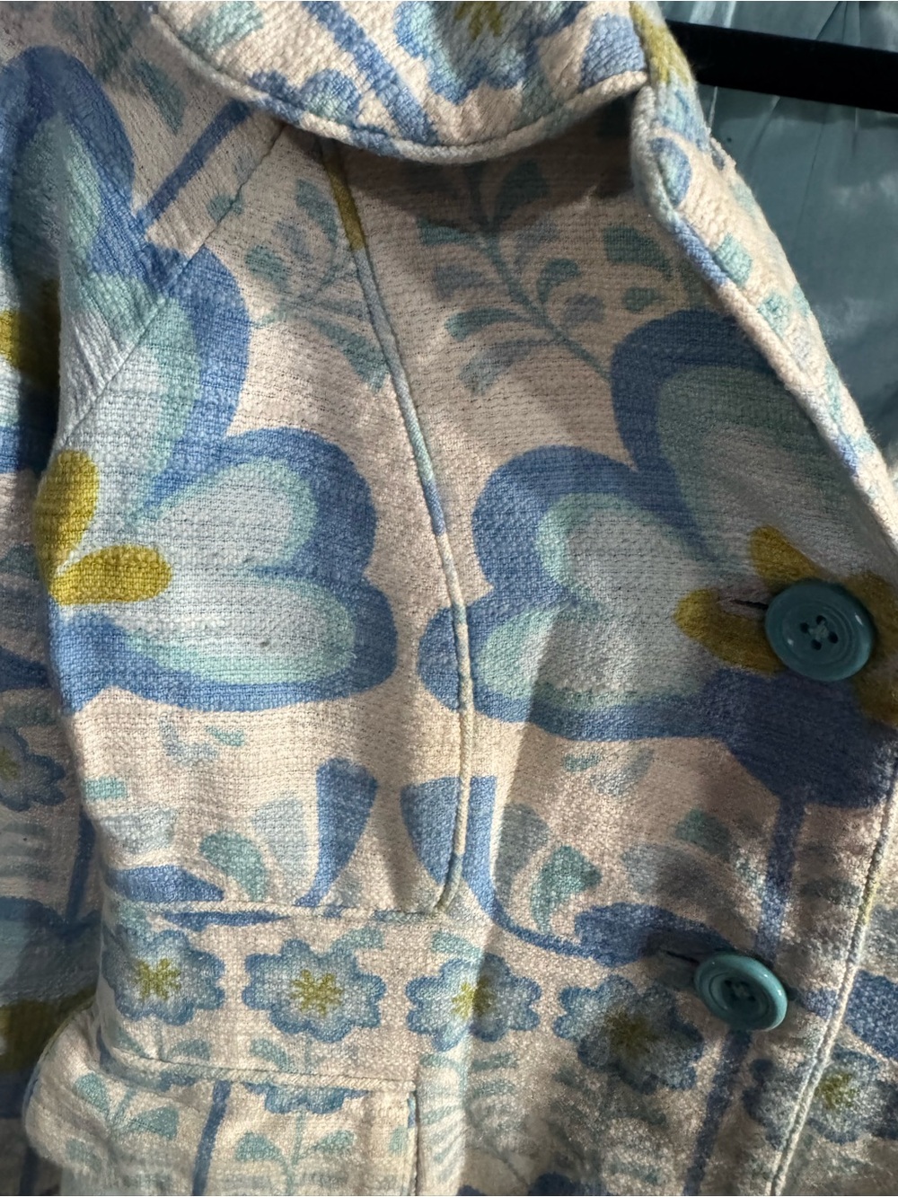 Women’s Elevenses Linen Blend Blue and Cream Floral Pea Coat Size 6 - Picture 3 of 4